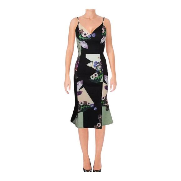 Bariano Australia NWT Black Floral Midi Dress Womens Size XL Tulip Hem Sheath - Picture 1 of 8